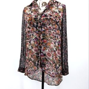 Band Of Gypsies Button Up Shirt Womens XS Black Floral Sheer Whimsigoth High Low